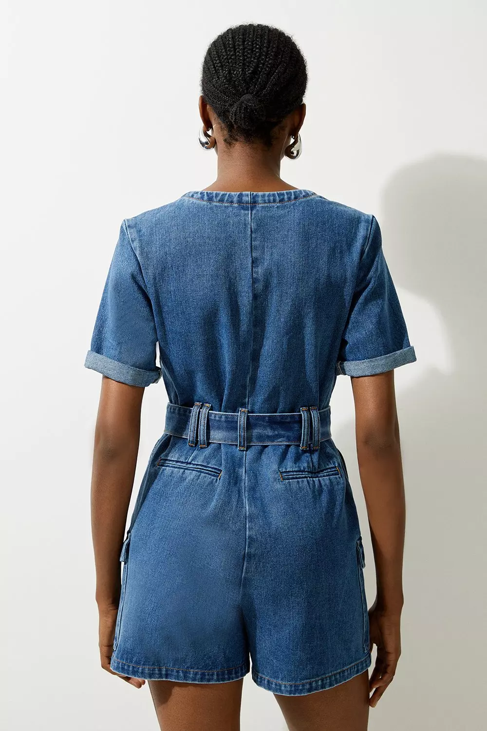 Karen Millen Womens Denim Cargo Pocket Belted Romper Mid Blue Size 4